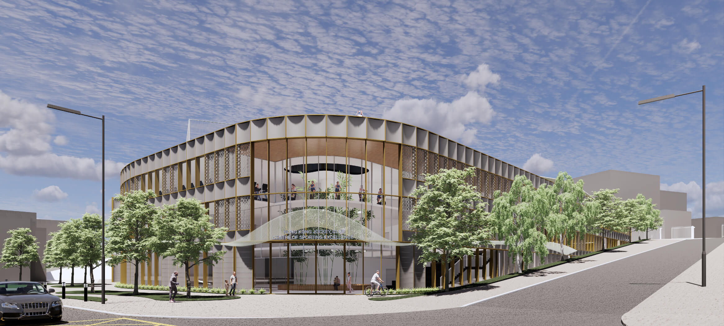 CGI of glass exterior entrance view of ESF sporting facility. Showing trees wrapping around the building and open roads.