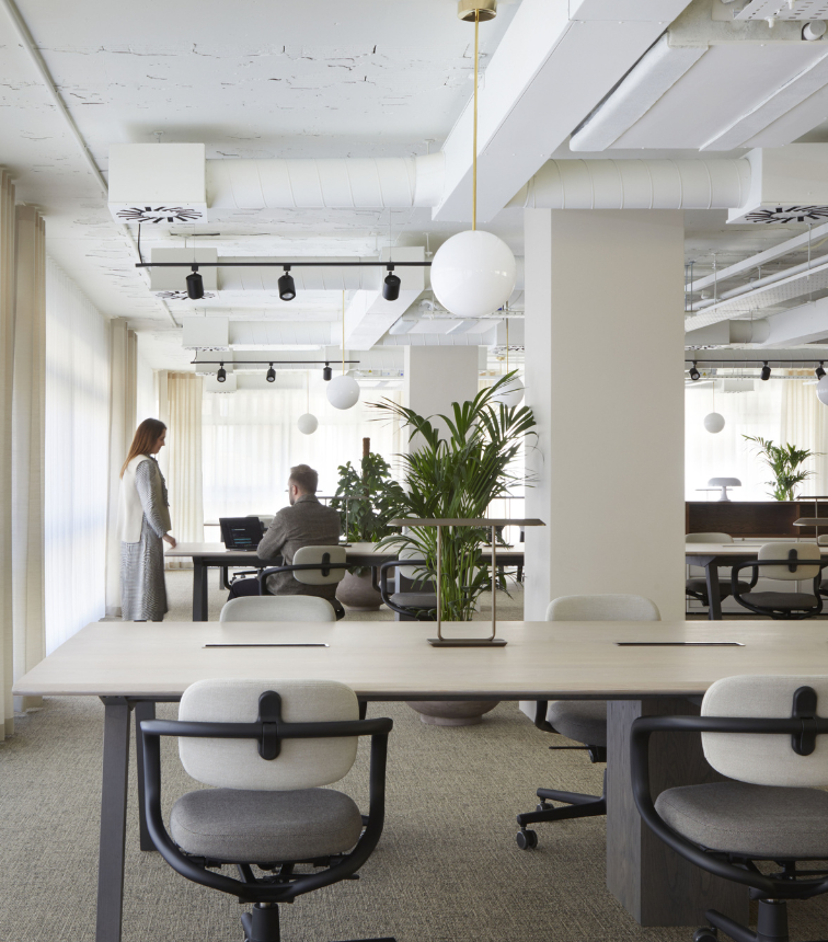 Two people in an office with calming colours, furnishing and planting
