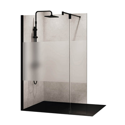 570-600mm Ergo Wet Room Screen Satin Band Glass with a matt black finish on a white background