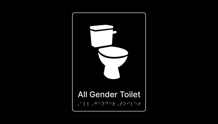 Graphic of white toilet with the words All Gender Toilet and braille below, against a black background