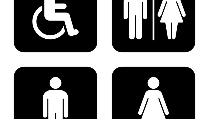 4 toilet symbols including single-sex male, single-sex female, accessible, and unisex