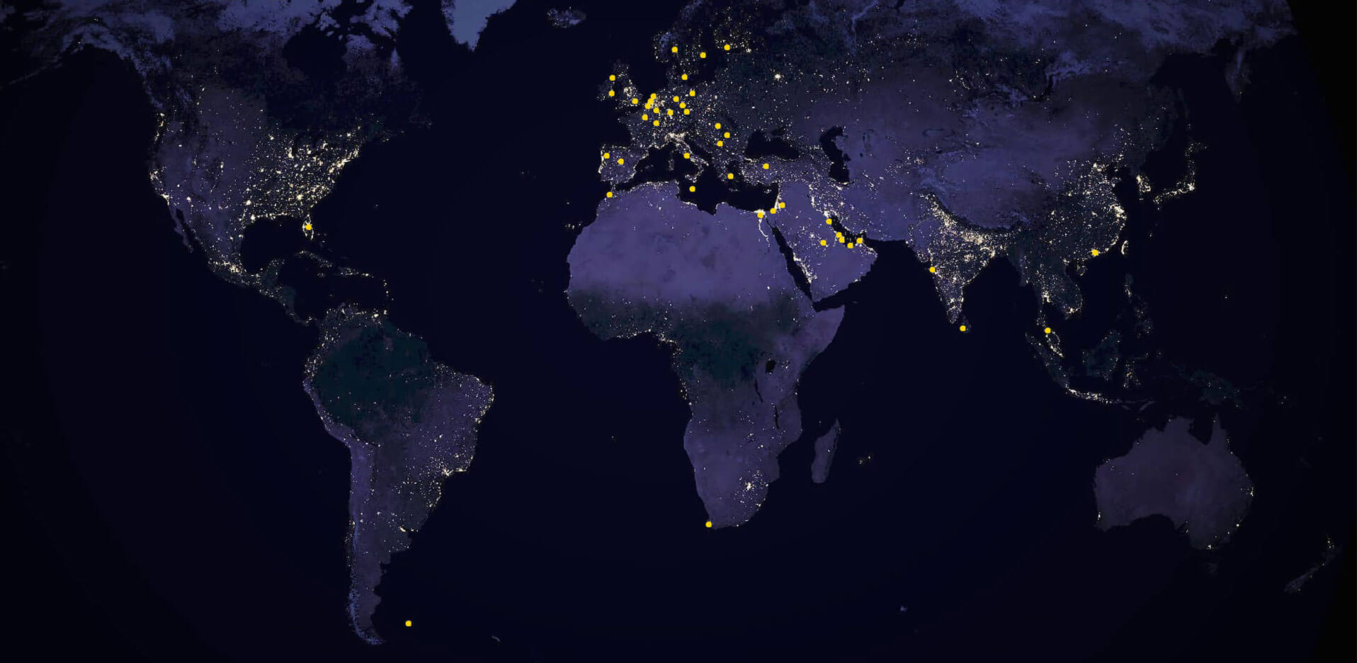 A map of the world with yellow dots showing the locations of projects Motionspot has worked on.