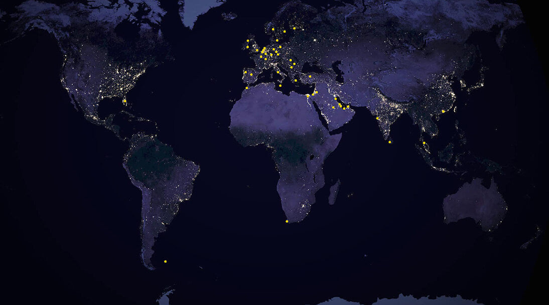 Map of the world with yellow dots pinpointing all of the projects Motionspot has worked on globally.