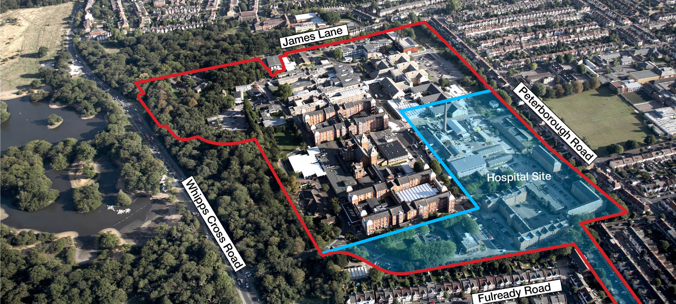 Aerial photograph of wider Whipps Cross redevelopment area, featuring a line around hospital boundary marking extent of site.