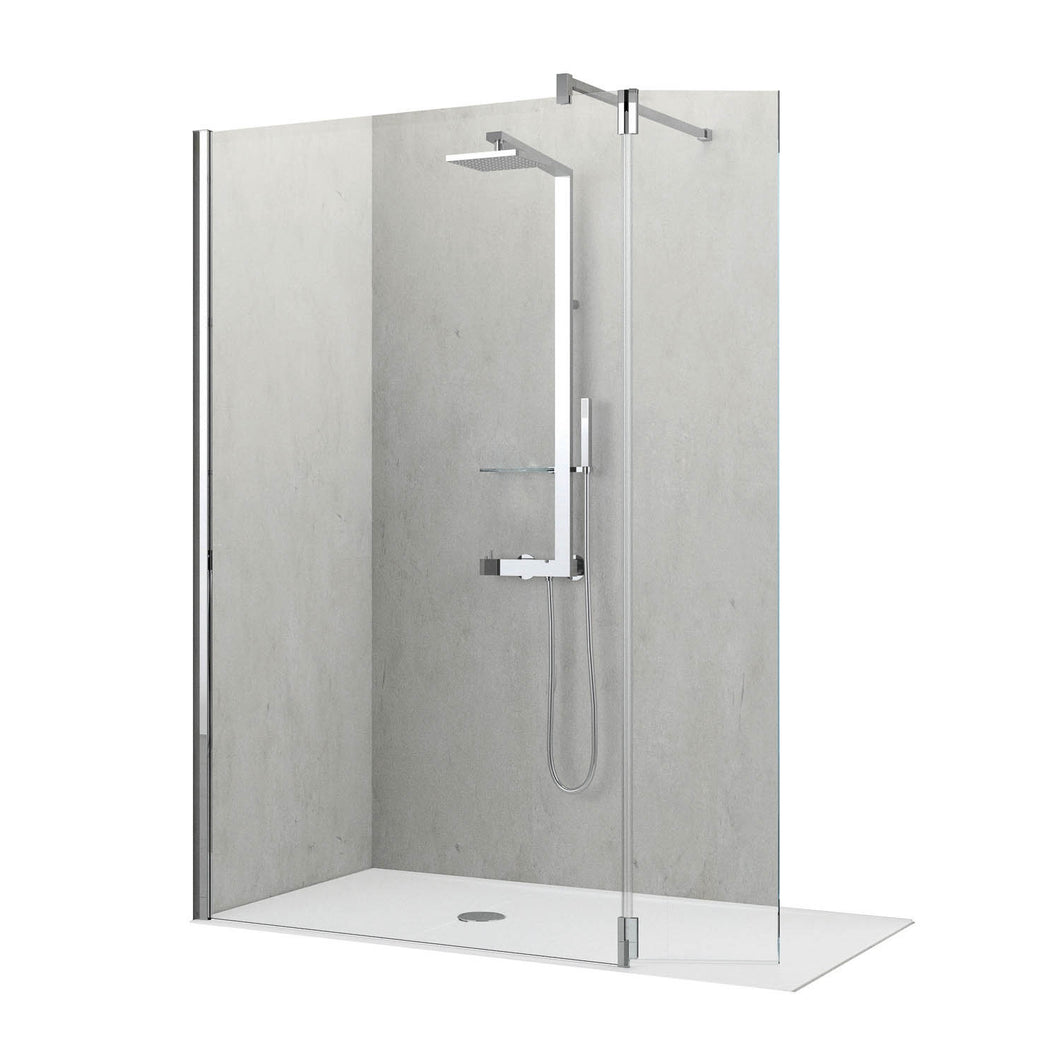 370mm Ergo Wet Room Deflector Panel Clear Glass with a chrome finish on a white background