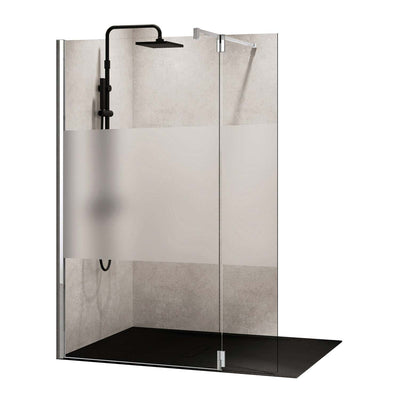 570-600mm Ergo Wet Room Screen Satin Band Glass with a chrome finish on a white background
