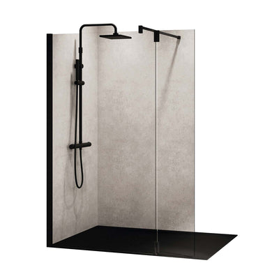 570-600mm Ergo Wet Room Screen Clear Glass with a matt black finish on a white background