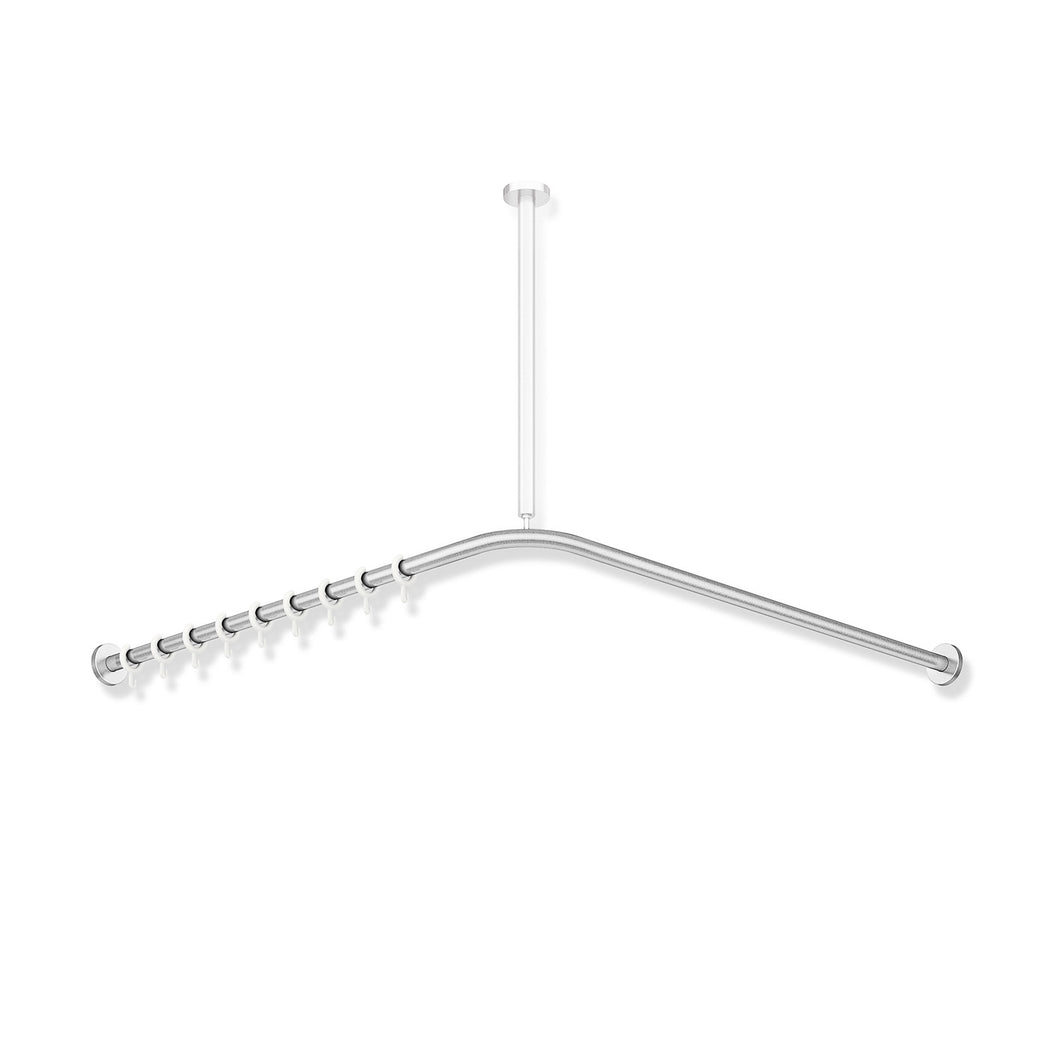 1200mm L-Shaped Shower Curtain Rail with a satin steel finish on a white background