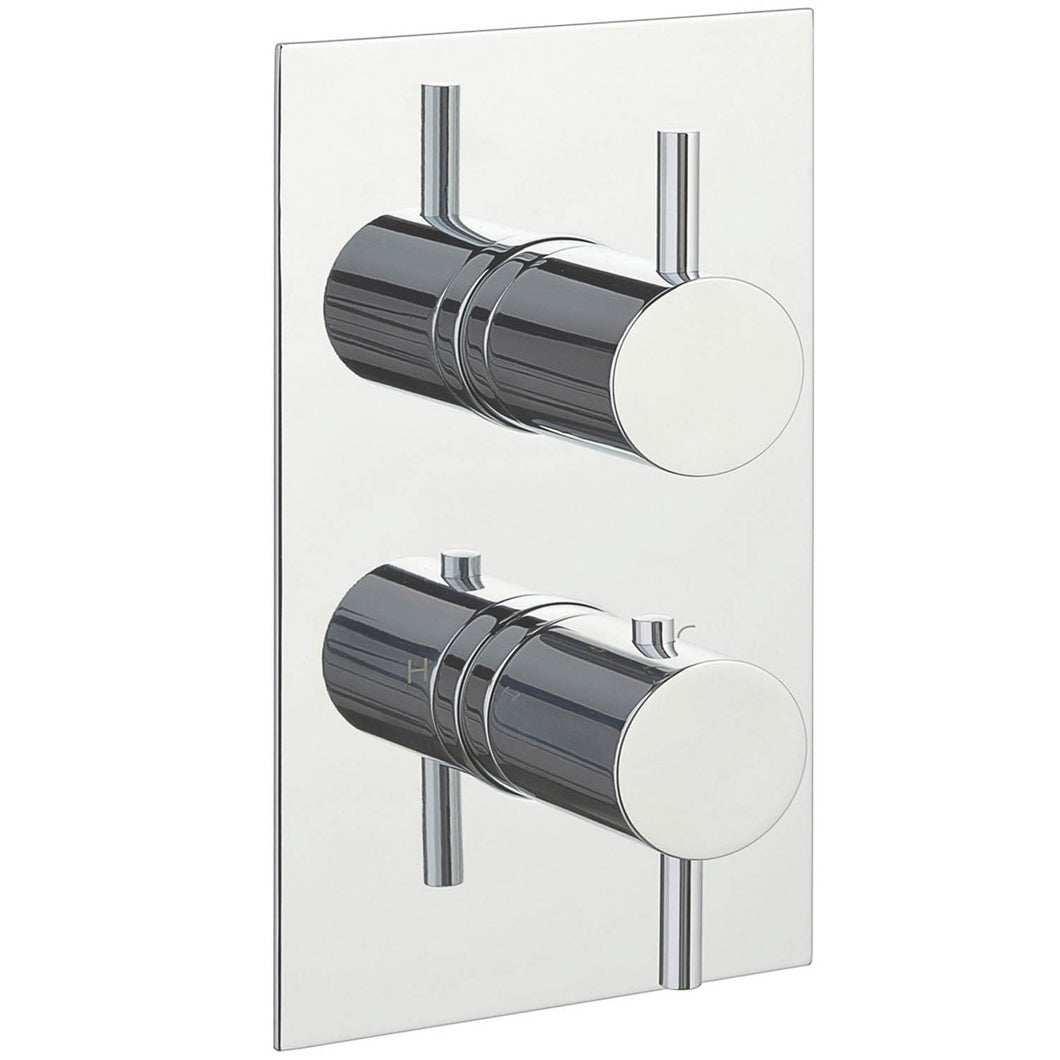 Dual outlet Modale Concealed Shower Valve with a chrome finish on a white background