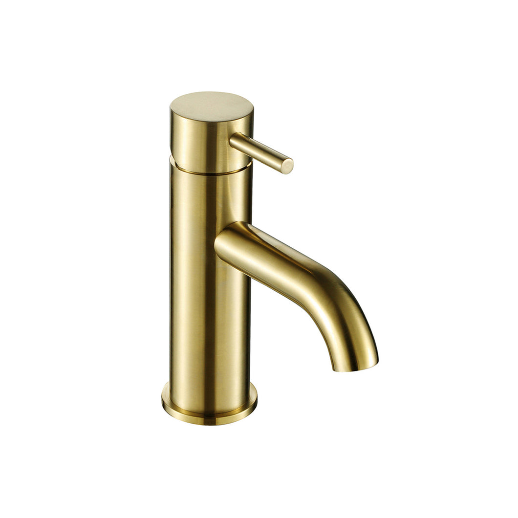 One hole deck mounted Libero Lever Basin Tap with a brushed brass finish on a white background