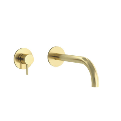 Two hole wall mounted Libero Basin Tap with a brushed brass finish on a white background