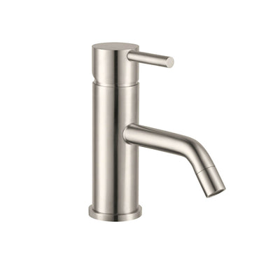 One hole deck mounted Libero Comfort Basin Tap with an extended spout and satin steel finish on a white background