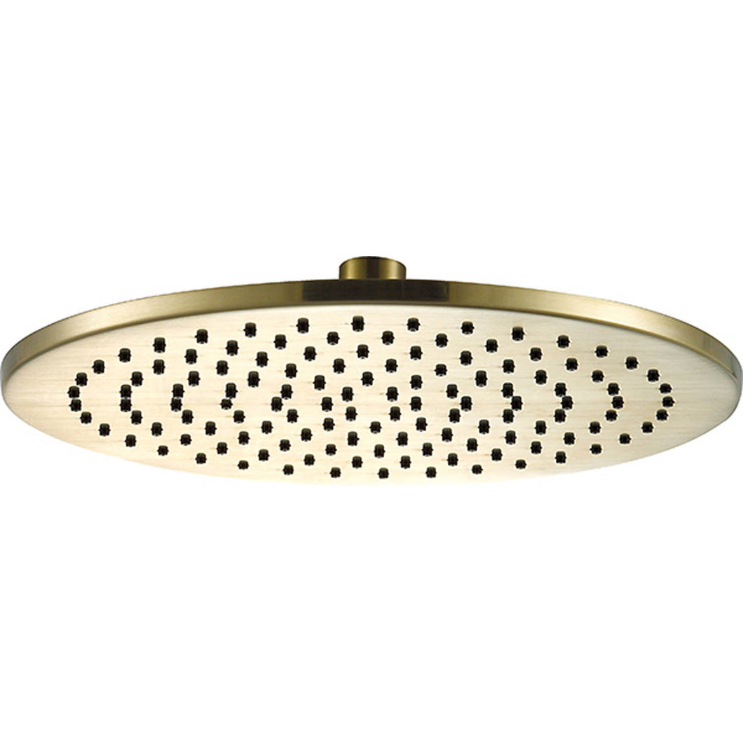 250mm Libero Rainwater Shower Head with a brushed brass finish on a white background