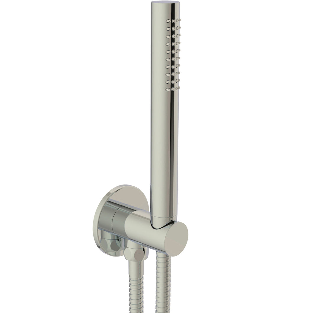 Libero Shower Handset Kit with a satin steel finish on a white background