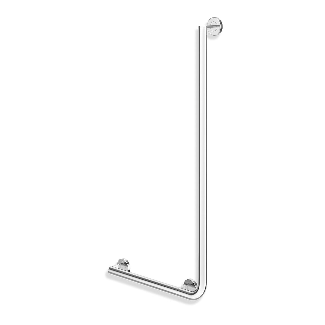 1000x500mm Left Handed Freestyle L Shaped Grab Rail with a chrome finish on a white background