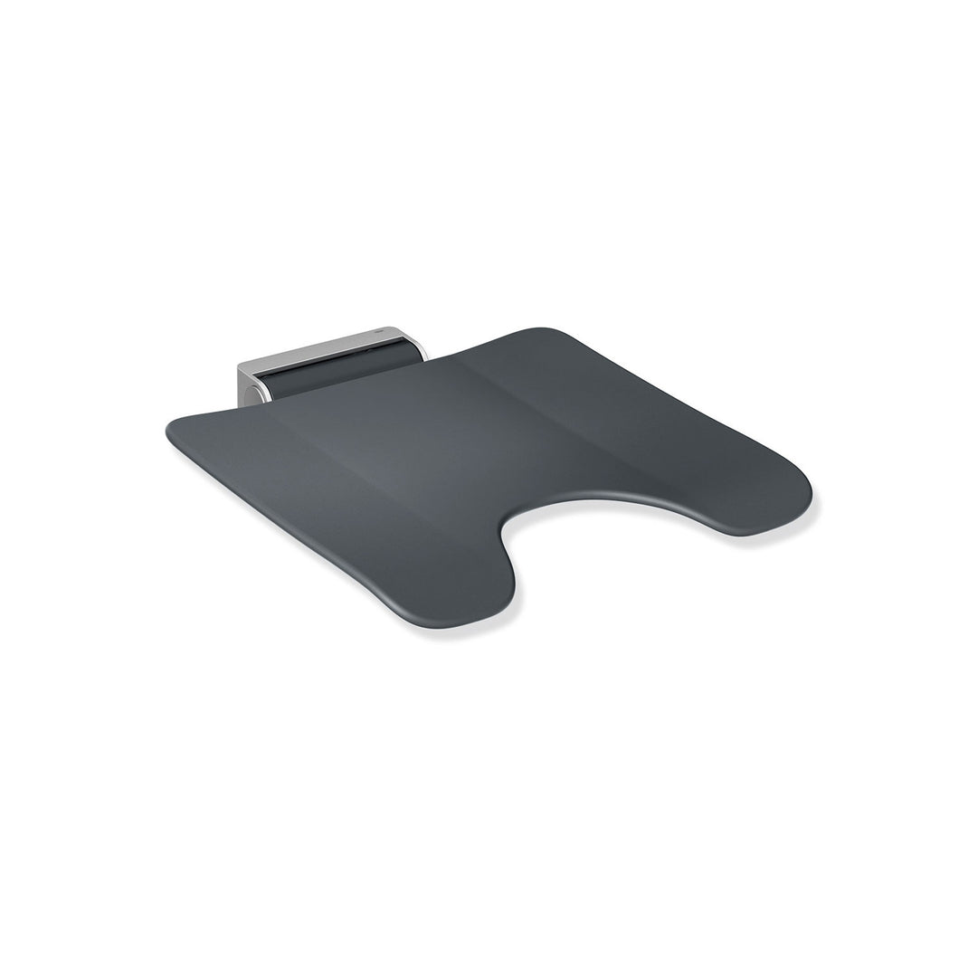 Freestyle Removable Shower Seat with a cut-out in an anthracite grey seat and satin steel bracket on a white background