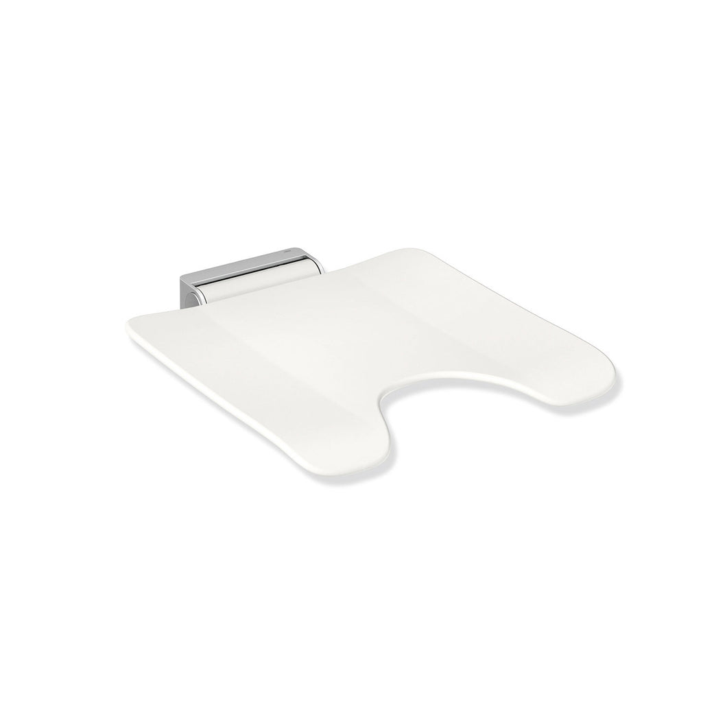 Freestyle Removable Shower Seat with a cut-out in a white seat and satin steel bracket on a white background