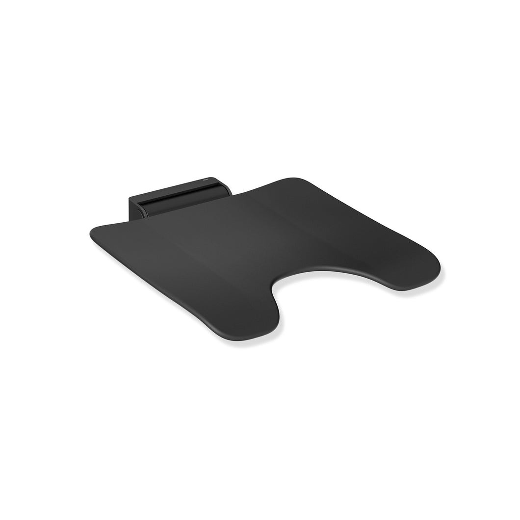 Freestyle Removable Shower Seat with a cut-out in a matt black seat and matt black bracket on a white background